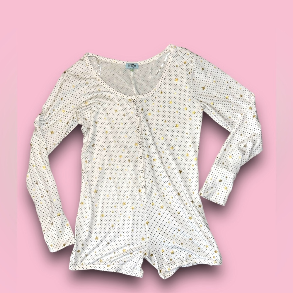 BH PJs • Women’s Cheeky One Piece Pajamas, Size Medium, Dots & Gold Stars, EUC